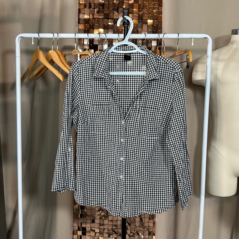 Ann Taylor Cream & Black Gingham Button Down S3/4 Sleeve Blouse Size 8